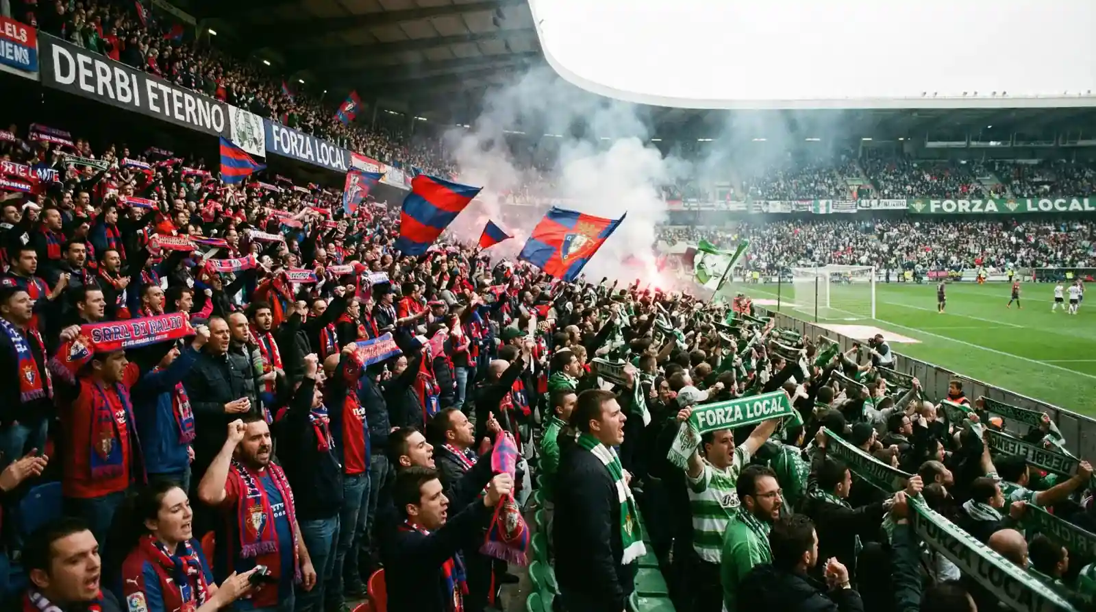 Aficionados rivales en grada de estadio durante derbi ingles