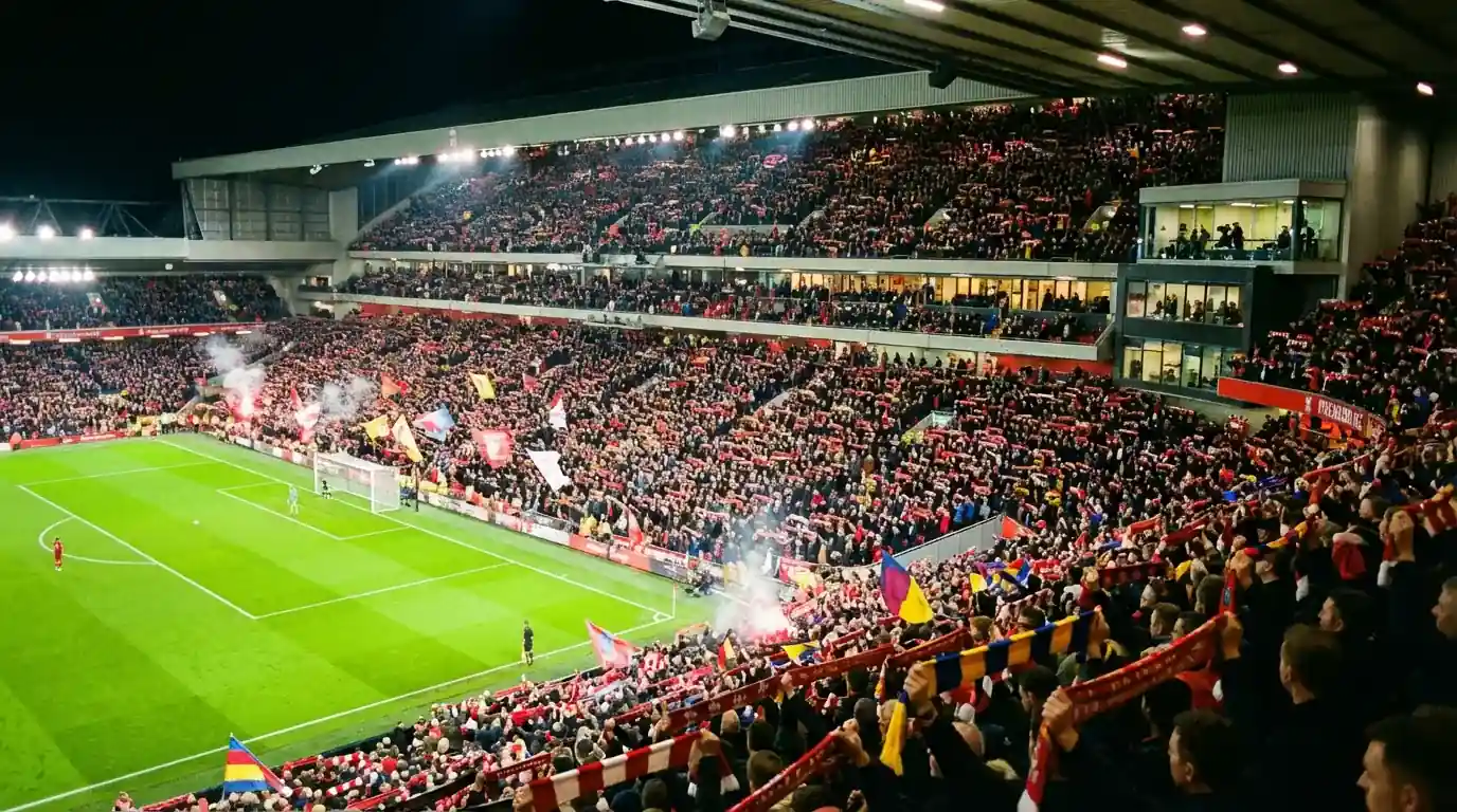 Estadio de Premier League con aficionados durante un partido